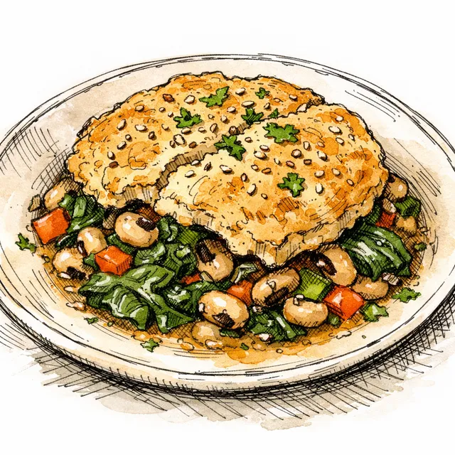 Black-Eyed Pea & Winter Greens Pot Pie with Benne Seed Biscuit Crust