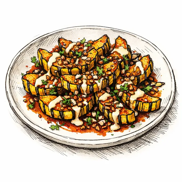 High-Heat Delicata Squash Wedges with Garlic–Lime Tahini, Harissa-Maple Glaze, and Crispy Lentil–Seed Crunch