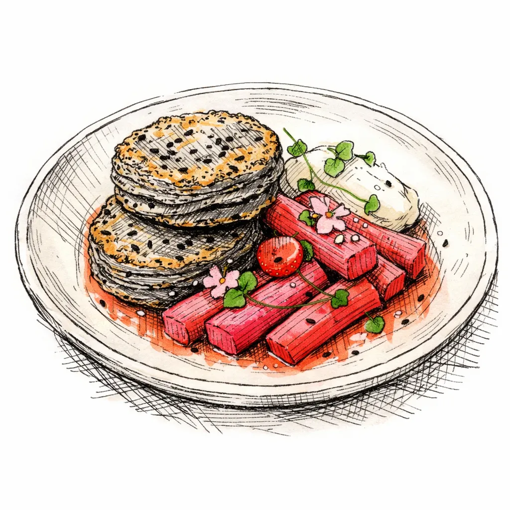 Laminated Black Sesame Shortcakes with Cold-Poached Rhubarb by Theo Glass | inspochef | inspochef
