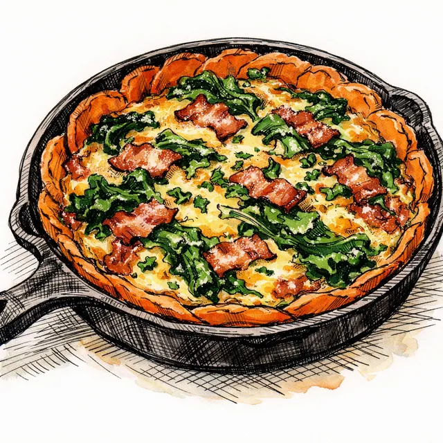 Cast-Iron Sweet Potato Crust Quiche with Smoked Bacon, Mustard Greens & Sharp Cheddar