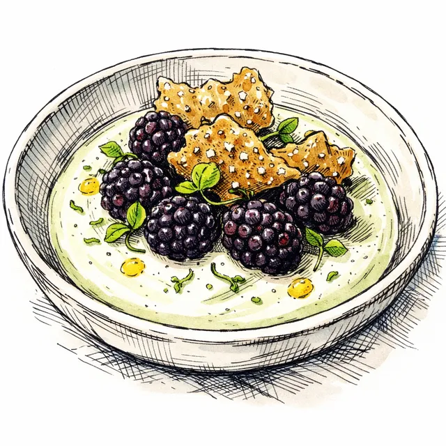 Cold-Infused Makrut Lime Cream with Blackberries & Salted Olive Oil Snap