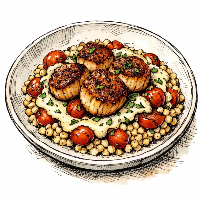 Hard-Seared Sumac Scallops over Blistered Tomato Ptitim & Preserved Lemon Tahini