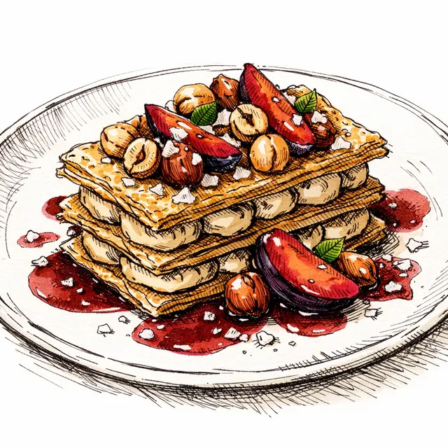 Cold-Infused Roasted Hazelnut Mille-Feuille with Tart Damson Plum & Flaky Salt
