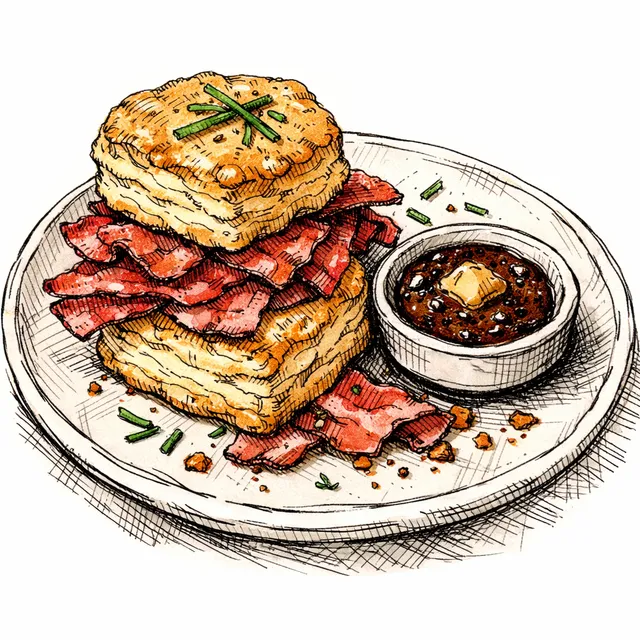Sky-High Laminated Biscuits with Crispy Country Ham & Red-Eye Sorghum Butter
