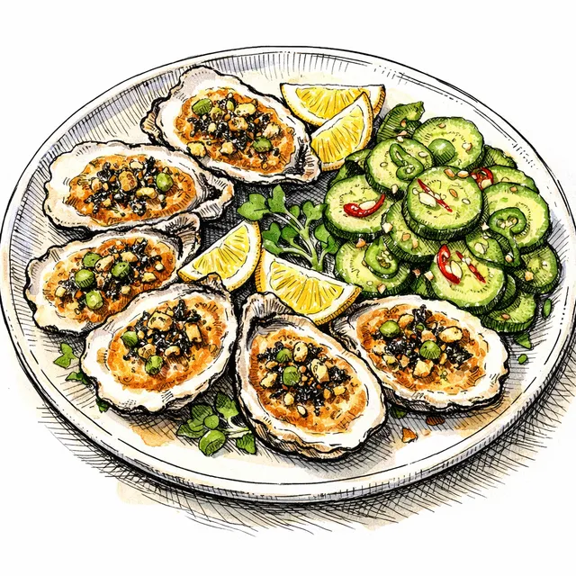 Broiled Miso–Mezcal Oysters with Quick-Pickled Jalapeño–Yuzu Cucumbers and Toasted Nori–Pepita Crumble