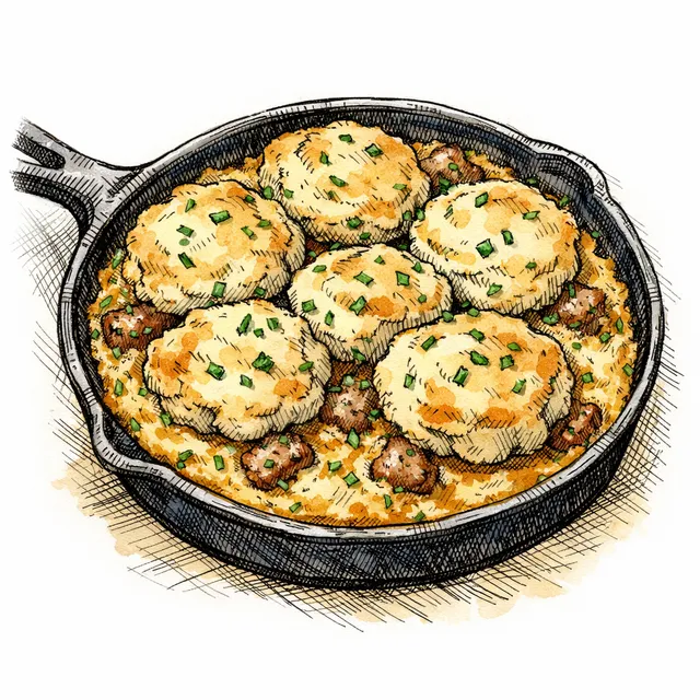 Cast-Iron Baked Stone-Ground Grits Cobbler with Country Sausage & Buttermilk Chive Biscuits