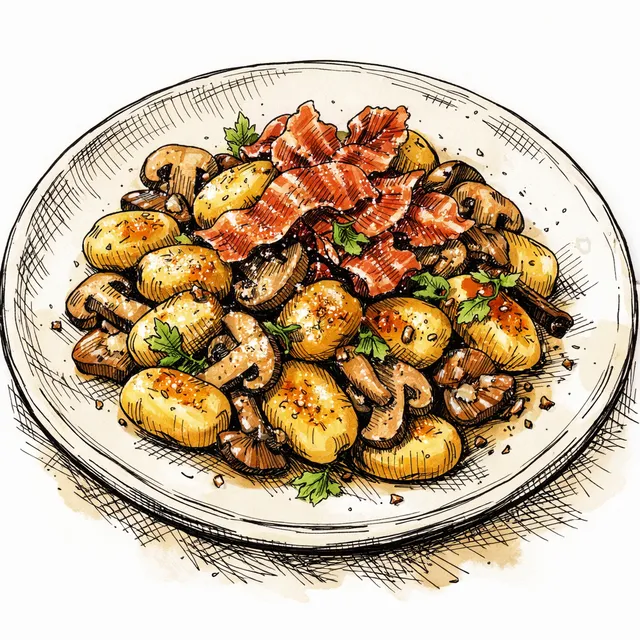 The Piedmontese Plinth: Pan-Seared Gnocchi with Wild Mushrooms and Crispy Prosciutto