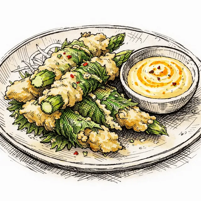 Shiso-Wrapped Asparagus Tempura with Aji Amarillo-Koji Mayo