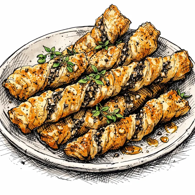 Café-Case Mushroom & Gruyère Rough-Puff Twists (Porcini Dust + Peppery Honey)