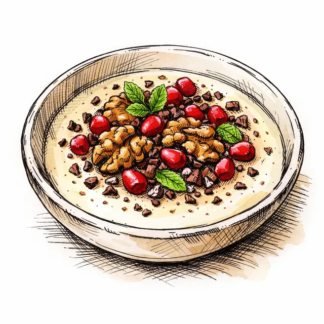 Cold-Infused Roasted Walnut Posset with Tart Pomegranate & Cocoa Nib Crunch