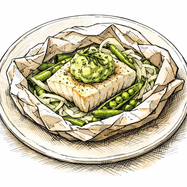 Halibut en Papillote with Shaved Fennel, Snap Peas & Avocado-Tarragon Butter