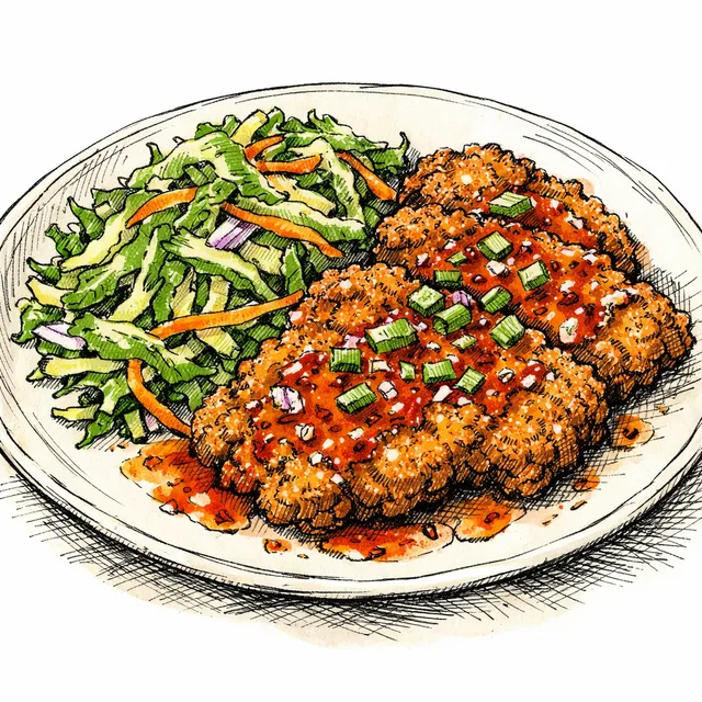 Crispy Skillet-Fried Heritage Pork Cutlets with Hot Pepper Jelly Glaze and Shaved Collard Slaw