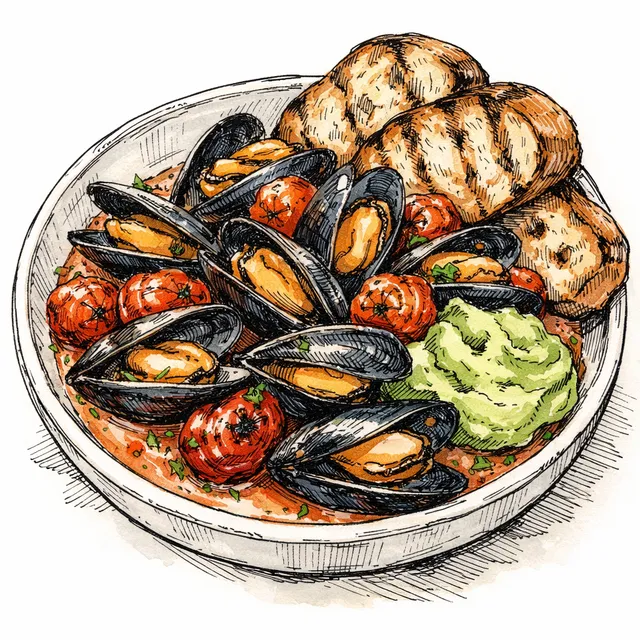 Charred Tomato & Rosé Mussels with Avocado Rouille